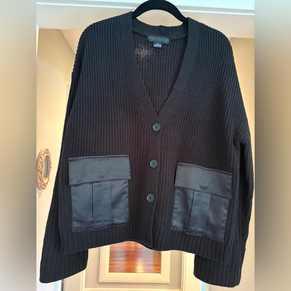 Sanctuary Black Knit Cardigan with Satin Pockets